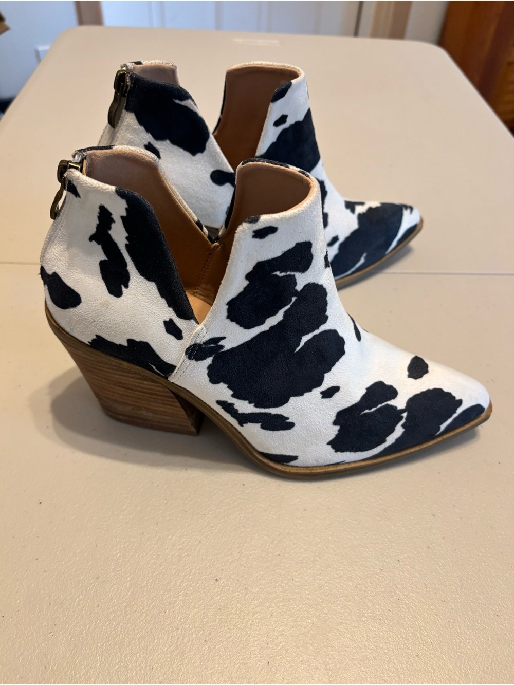 Cow-Print Pointed Ankle Booties - Black & White - Picture 2 of 8